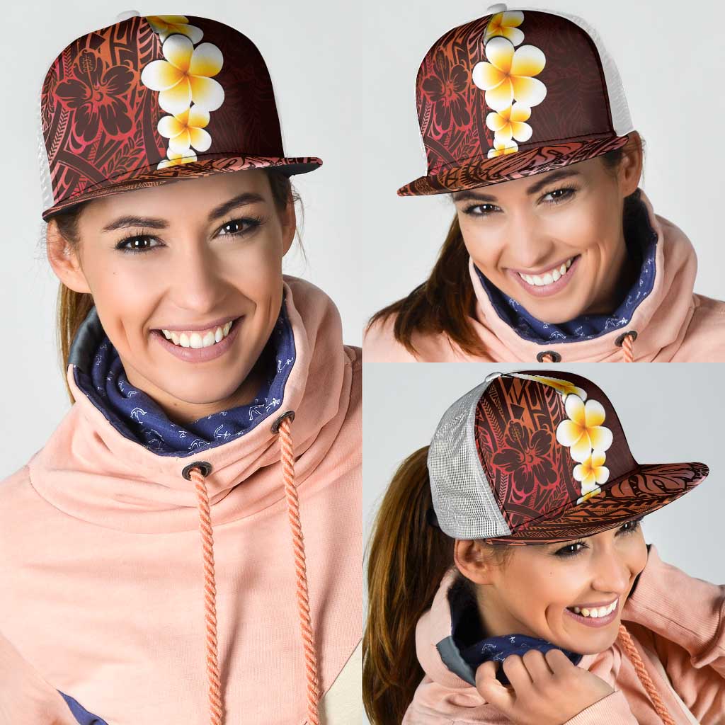 Red Polynesia Mesh Trucker Cap Plumeria Tropical Leaves With Galaxy Polynesian Art LT14 - Polynesian Pride