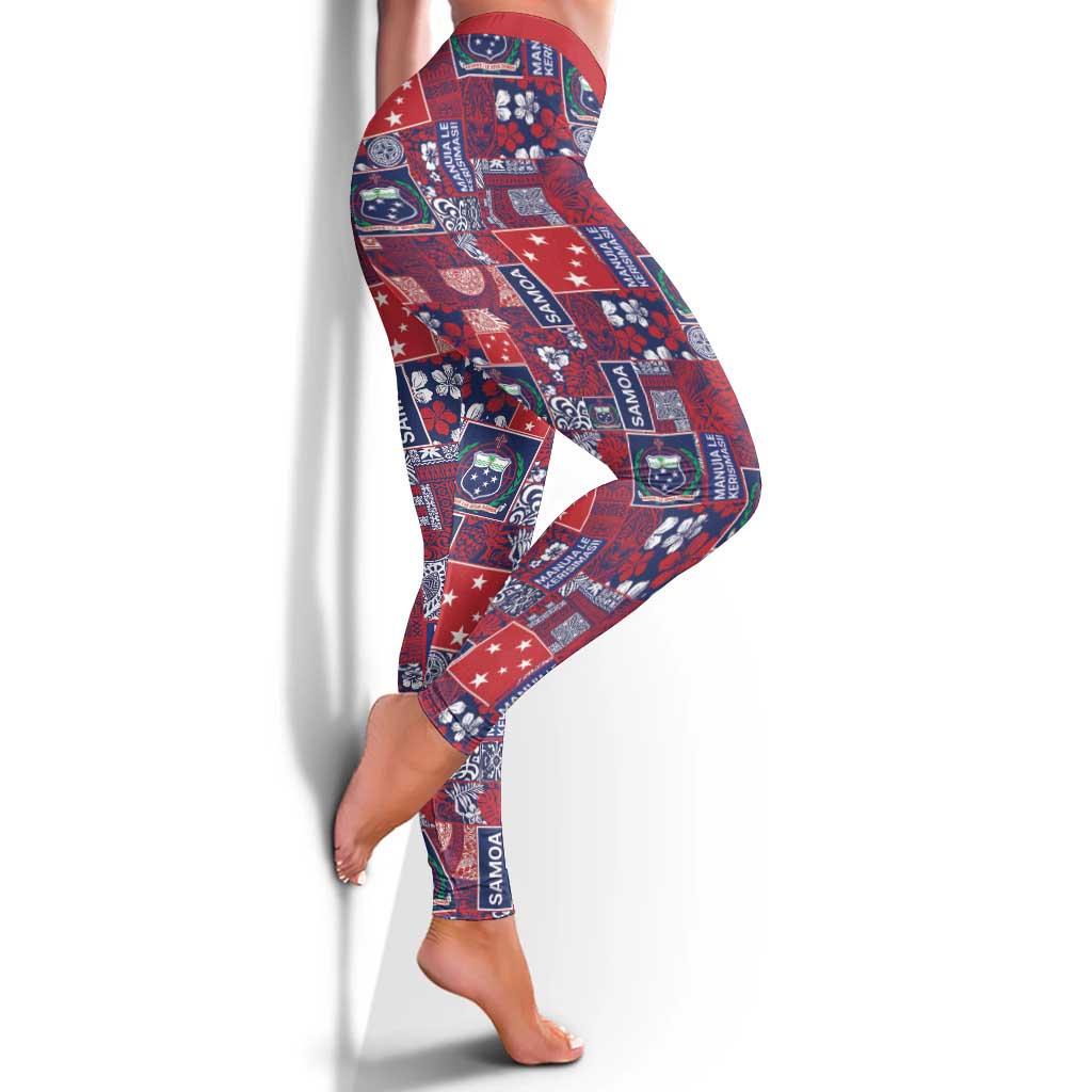 Red Samoa Manuia Le Kerisimasi Leggings Pacific Patchwork Xmas Vibes - Polynesian Pride