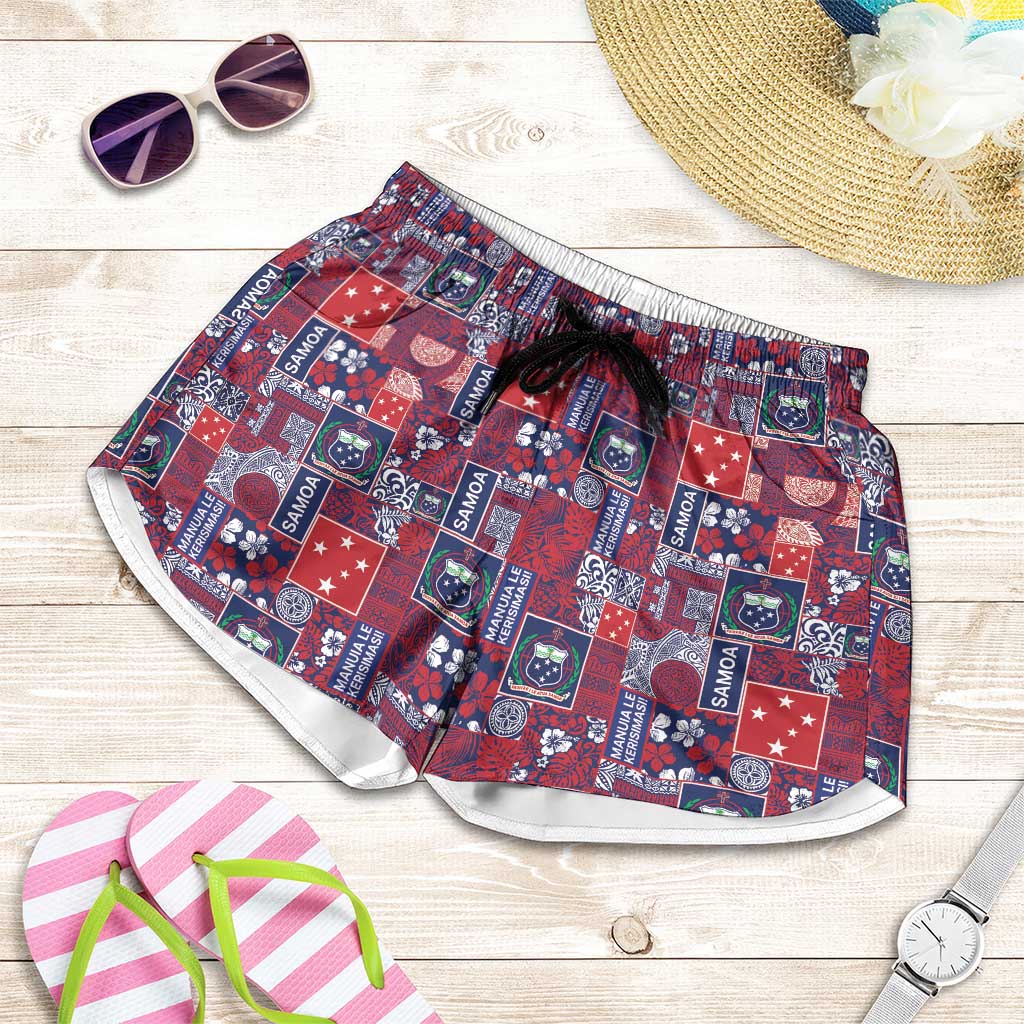 Red Samoa Manuia Le Kerisimasi Shorts for Women Pacific Patchwork Xmas Vibes - Polynesian Pride