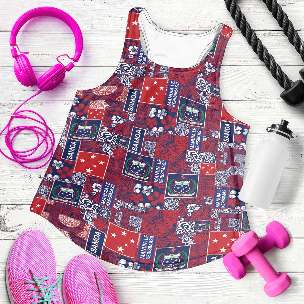 Red Samoa Manuia Le Kerisimasi Women Racerback Tank Pacific Patchwork Xmas Vibes LT9 Red - Polynesian Pride