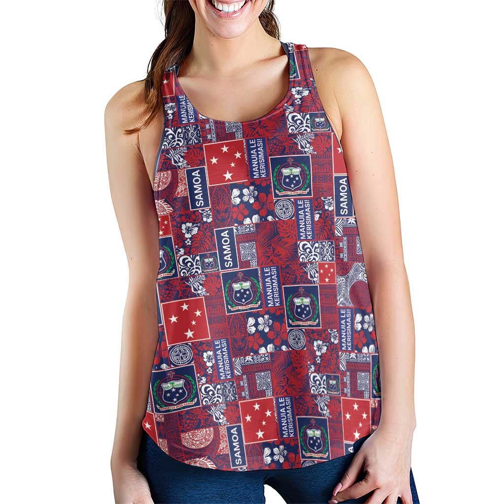 Red Samoa Manuia Le Kerisimasi Women Racerback Tank Pacific Patchwork Xmas Vibes LT9 - Polynesian Pride