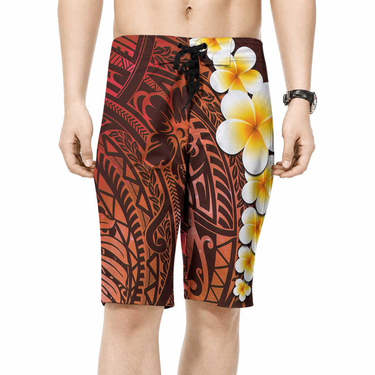 Red Tropical Plumeria With Galaxy Polynesian Art Board Shorts