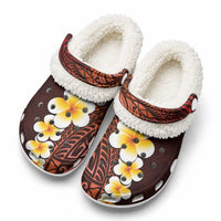 Red Tropical Plumeria With Galaxy Polynesian Art Fleece Clogs