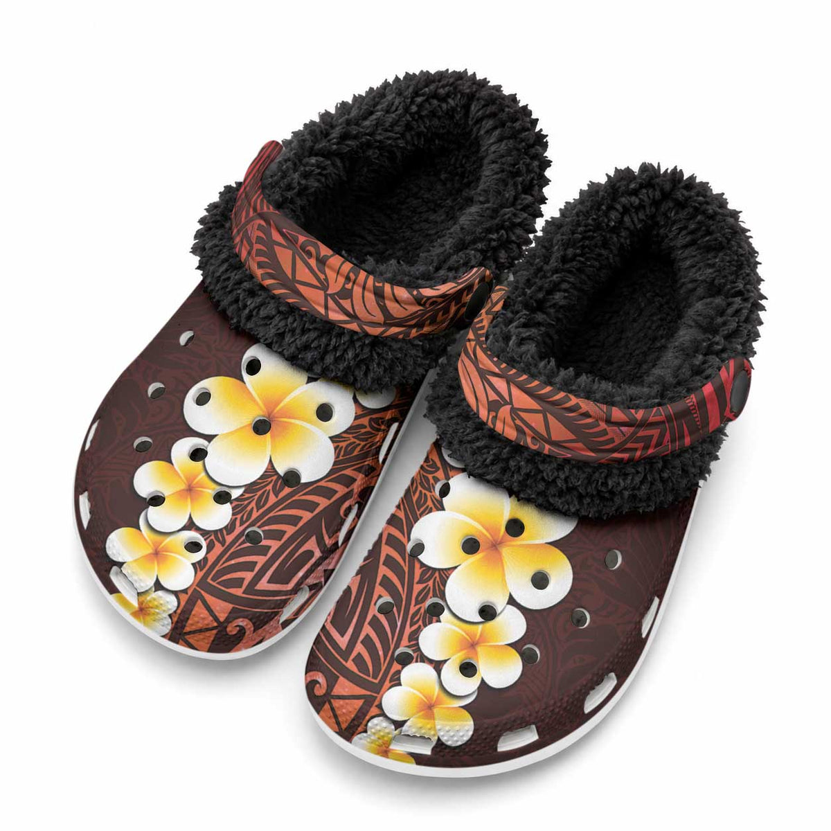 Red Tropical Plumeria With Galaxy Polynesian Art Fleece Clogs