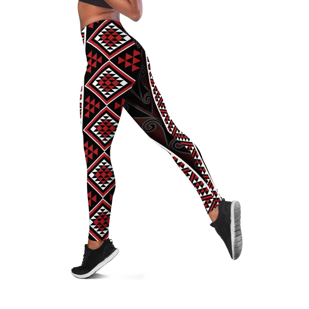 Red Tukutuku Pattern Aotearoa Leggings Niho Taniwha and Puhoro Motifs LT7 Red - Polynesian Pride