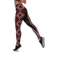 Red Tukutuku Pattern Aotearoa Leggings Niho Taniwha and Puhoro Motifs LT7 Red - Polynesian Pride
