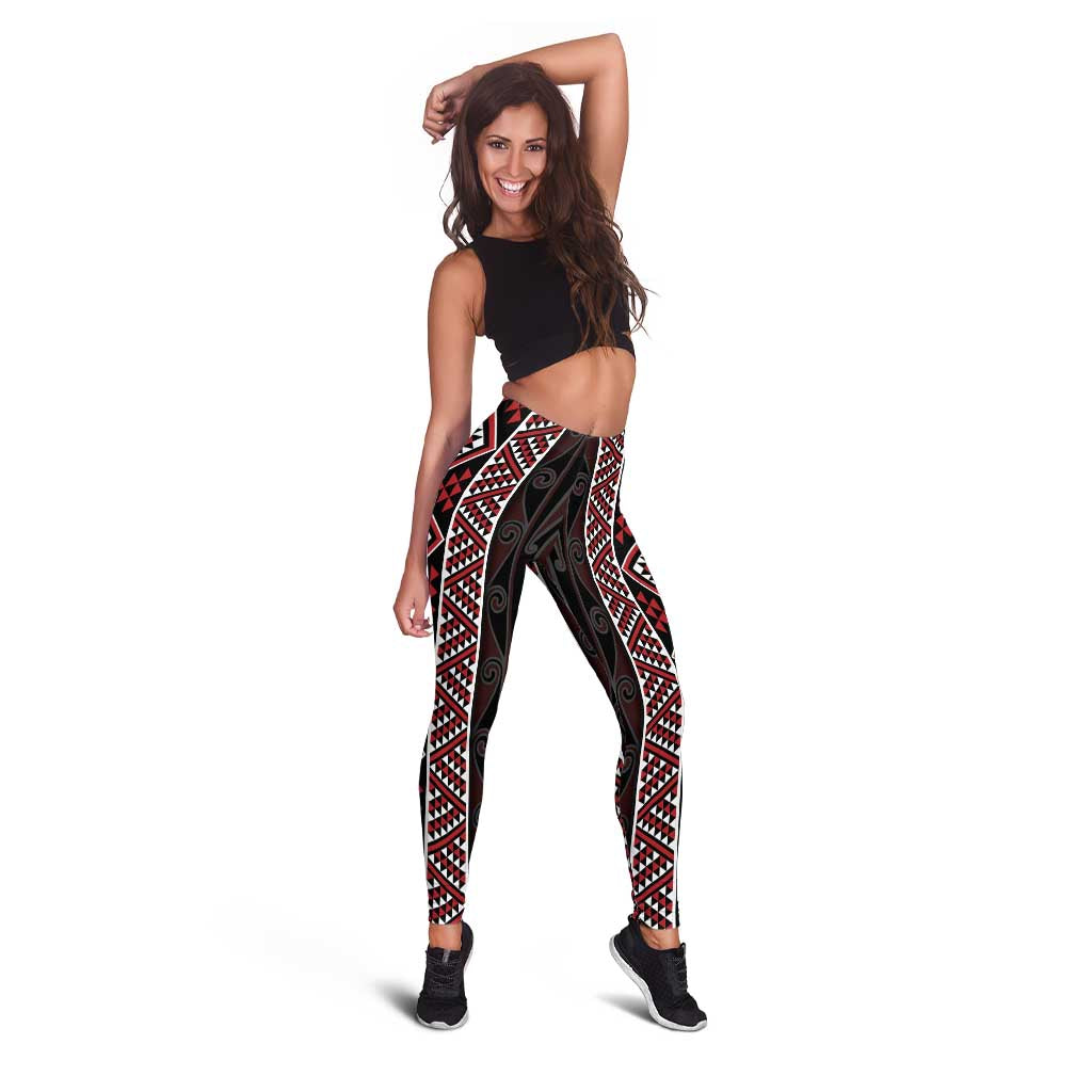 Red Tukutuku Pattern Aotearoa Leggings Niho Taniwha and Puhoro Motifs LT7 - Polynesian Pride