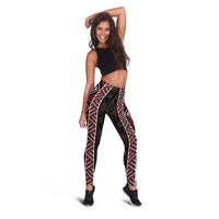Red Tukutuku Pattern Aotearoa Leggings Niho Taniwha and Puhoro Motifs LT7 - Polynesian Pride