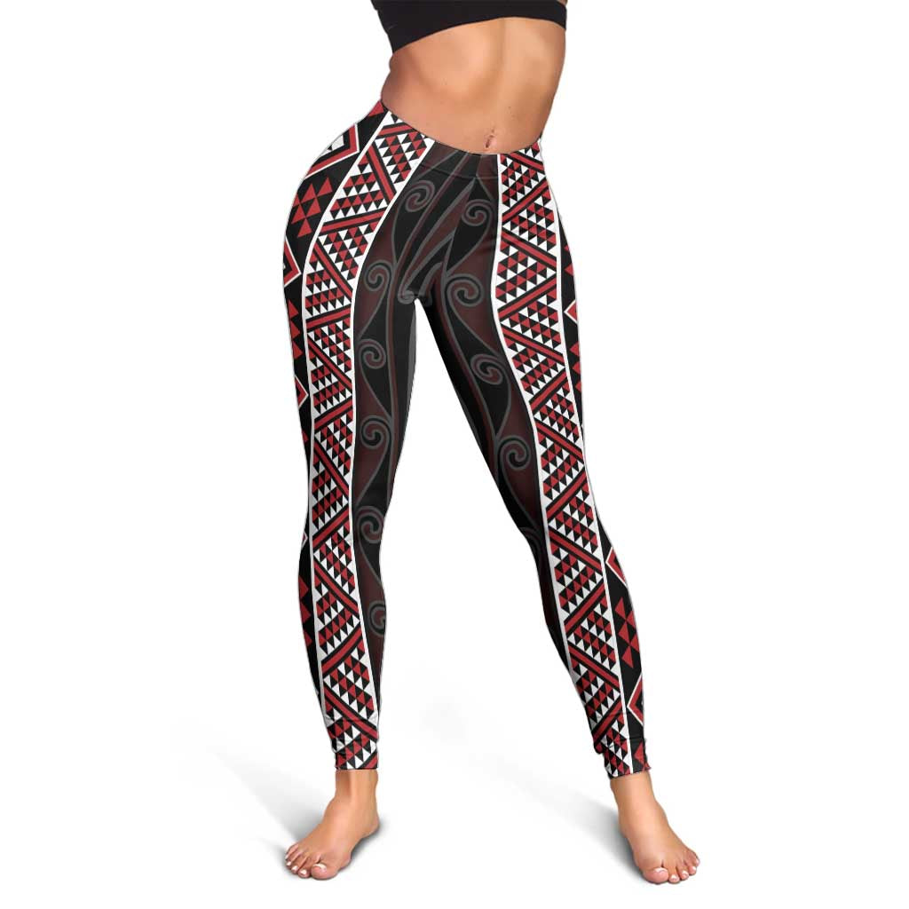 Red Tukutuku Pattern Aotearoa Leggings Niho Taniwha and Puhoro Motifs LT7 - Polynesian Pride
