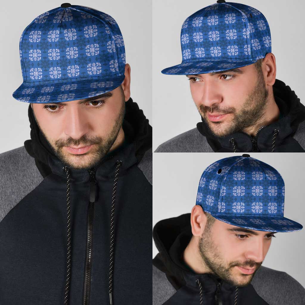 Royal Blue Hawaiian Quilt Snapback Cap Hawaii Pineapple Monstera Palaka Motifs - Polynesian Pride