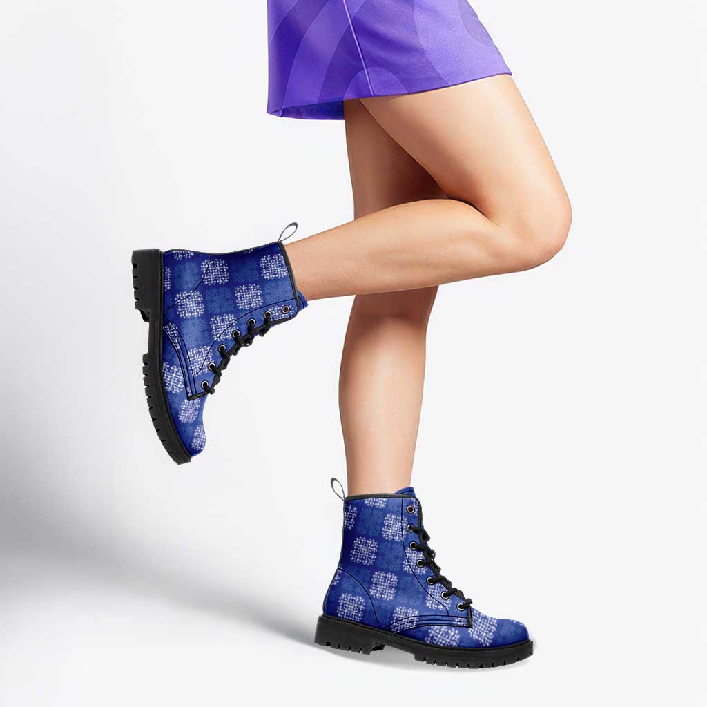 Royal Blue Palaka Quilt Hawaii Leather Boots Traditional Hawaii-plaid Pattern - Polynesian Pride