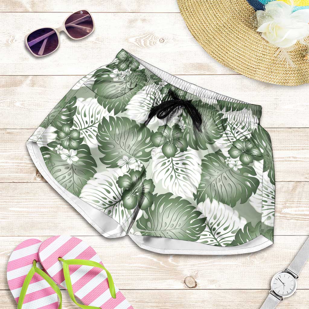 Sage Green Aloha Hawaii Shorts for Women Monstera Hibiscus Plumeria Seamless Vibes LT14 Sage Green - Polynesian Pride