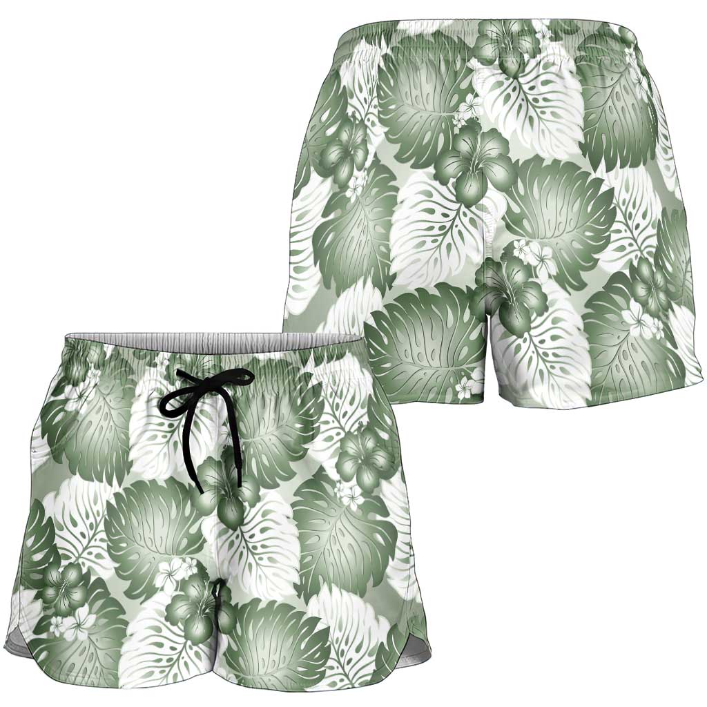 Sage Green Aloha Hawaii Shorts for Women Monstera Hibiscus Plumeria Seamless Vibes LT14 - Polynesian Pride