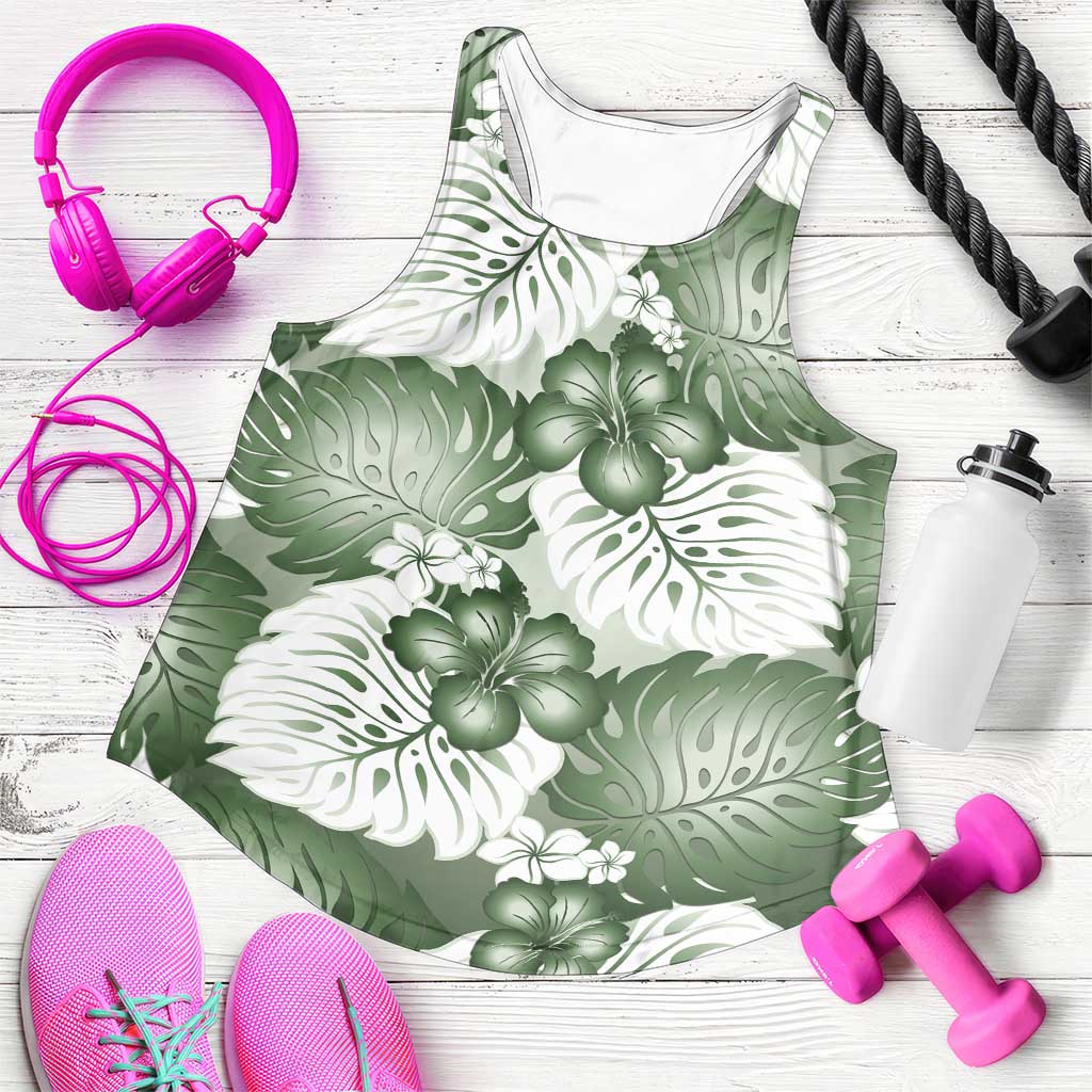 Sage Green Aloha Hawaii Women Racerback Tank Monstera Hibiscus Plumeria Seamless Vibes LT14 Sage Green - Polynesian Pride