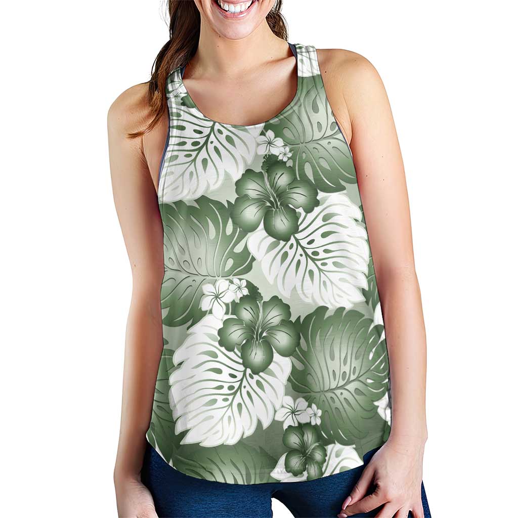 Sage Green Aloha Hawaii Women Racerback Tank Monstera Hibiscus Plumeria Seamless Vibes LT14 - Polynesian Pride