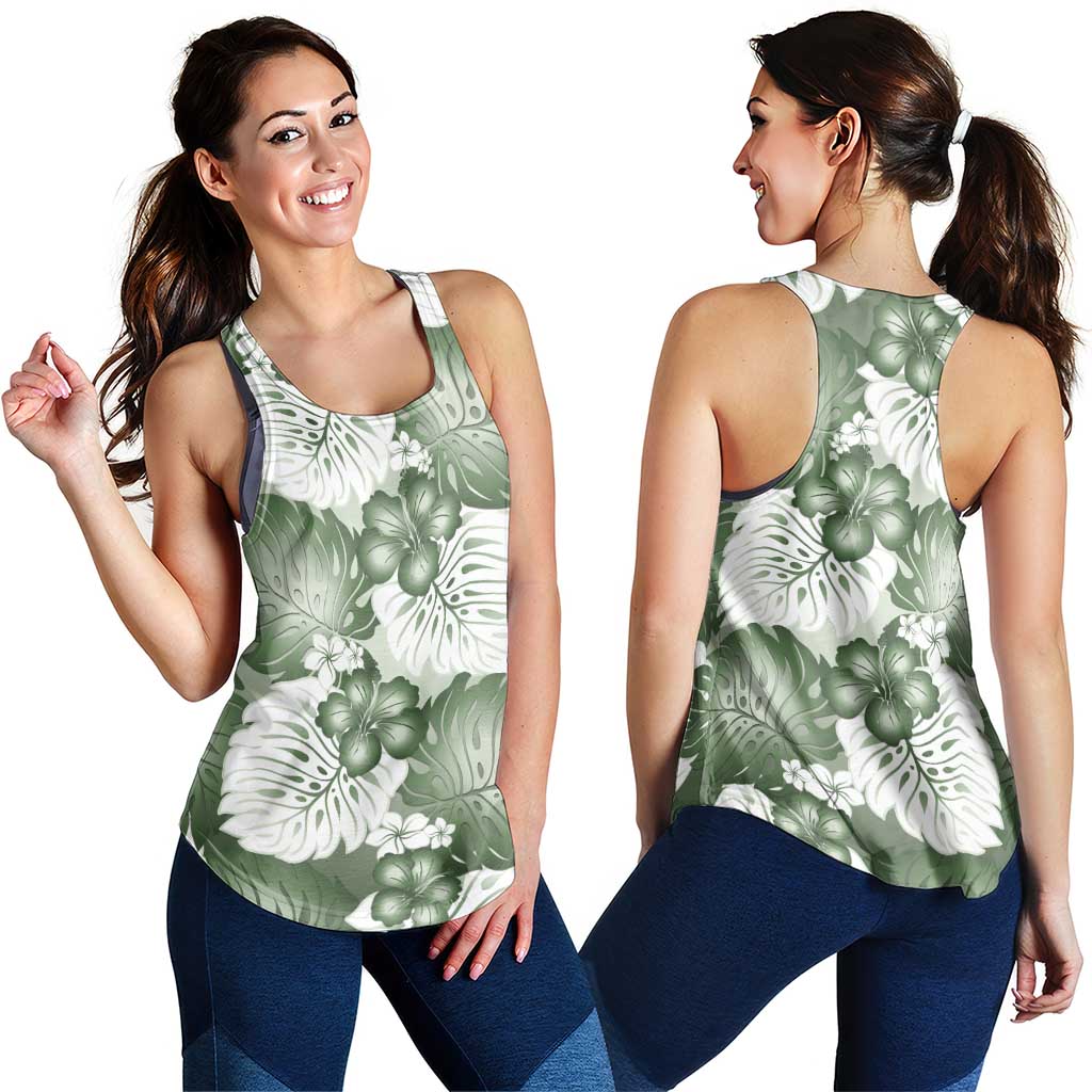 Sage Green Aloha Hawaii Women Racerback Tank Monstera Hibiscus Plumeria Seamless Vibes LT14 - Polynesian Pride