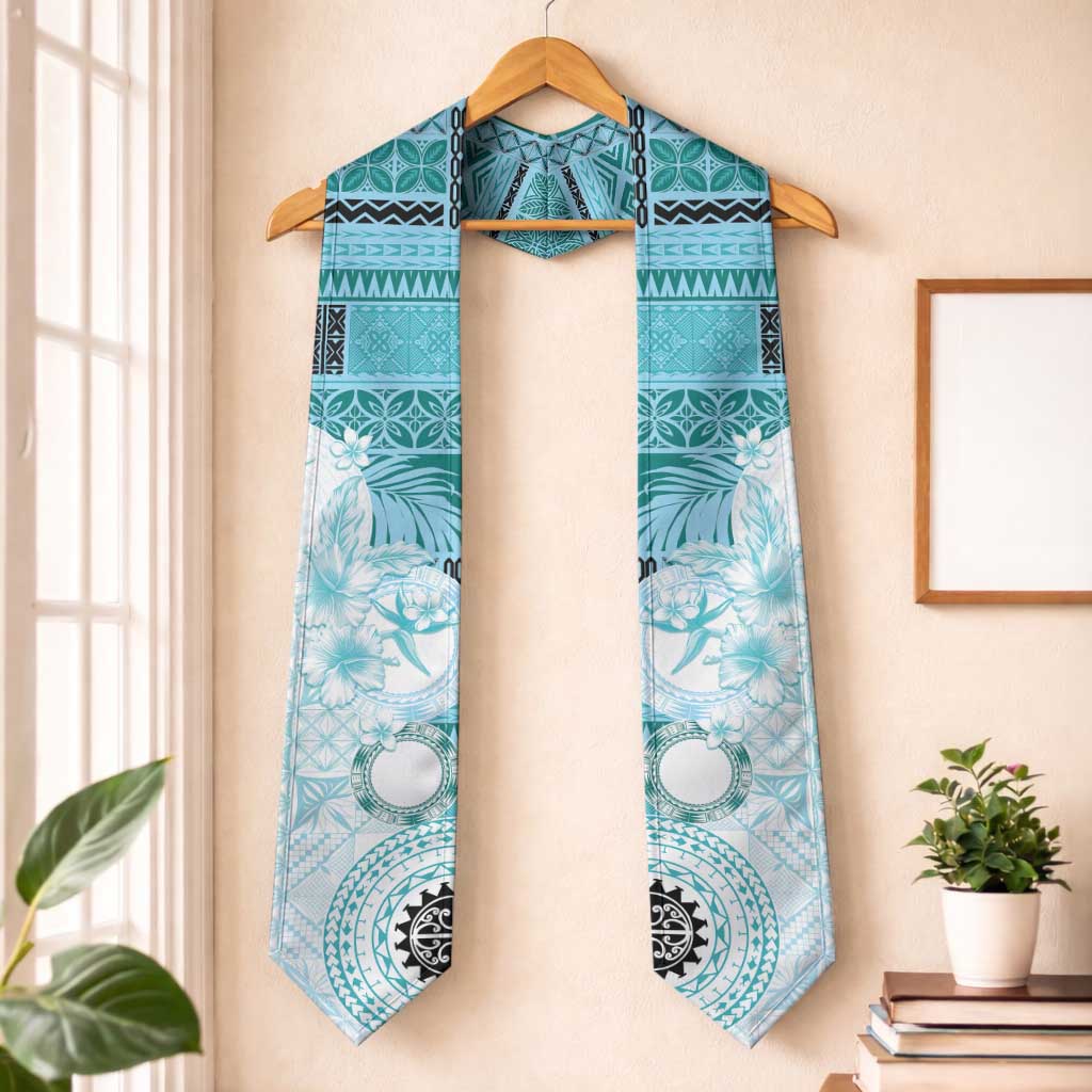 Samoa Siapo Pattern With Teal Hibiscus Graduation Stole