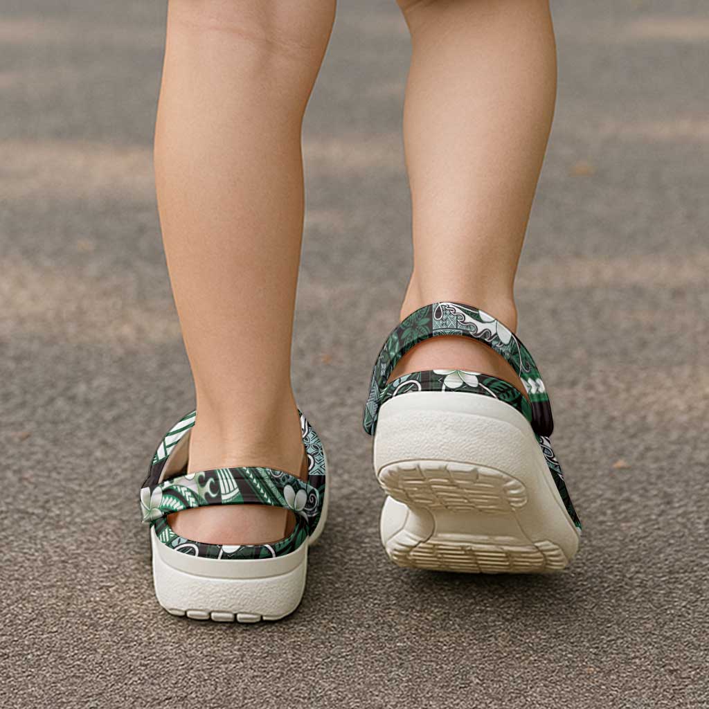 Samoa Siapo Tribal Pattern Clogs Shoes Forest Green Polynesian Plumeria Tapa Motif