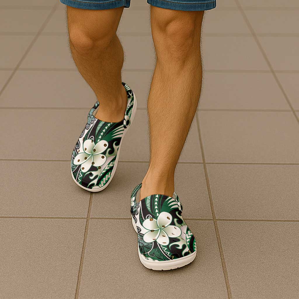 Samoa Siapo Tribal Pattern Clogs Shoes Forest Green Polynesian Plumeria Tapa Motif