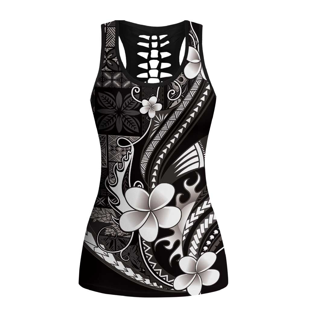 Samoa Siapo Tribal Pattern Hollow Tank Top Black Polynesian Plumeria Tapa Motif