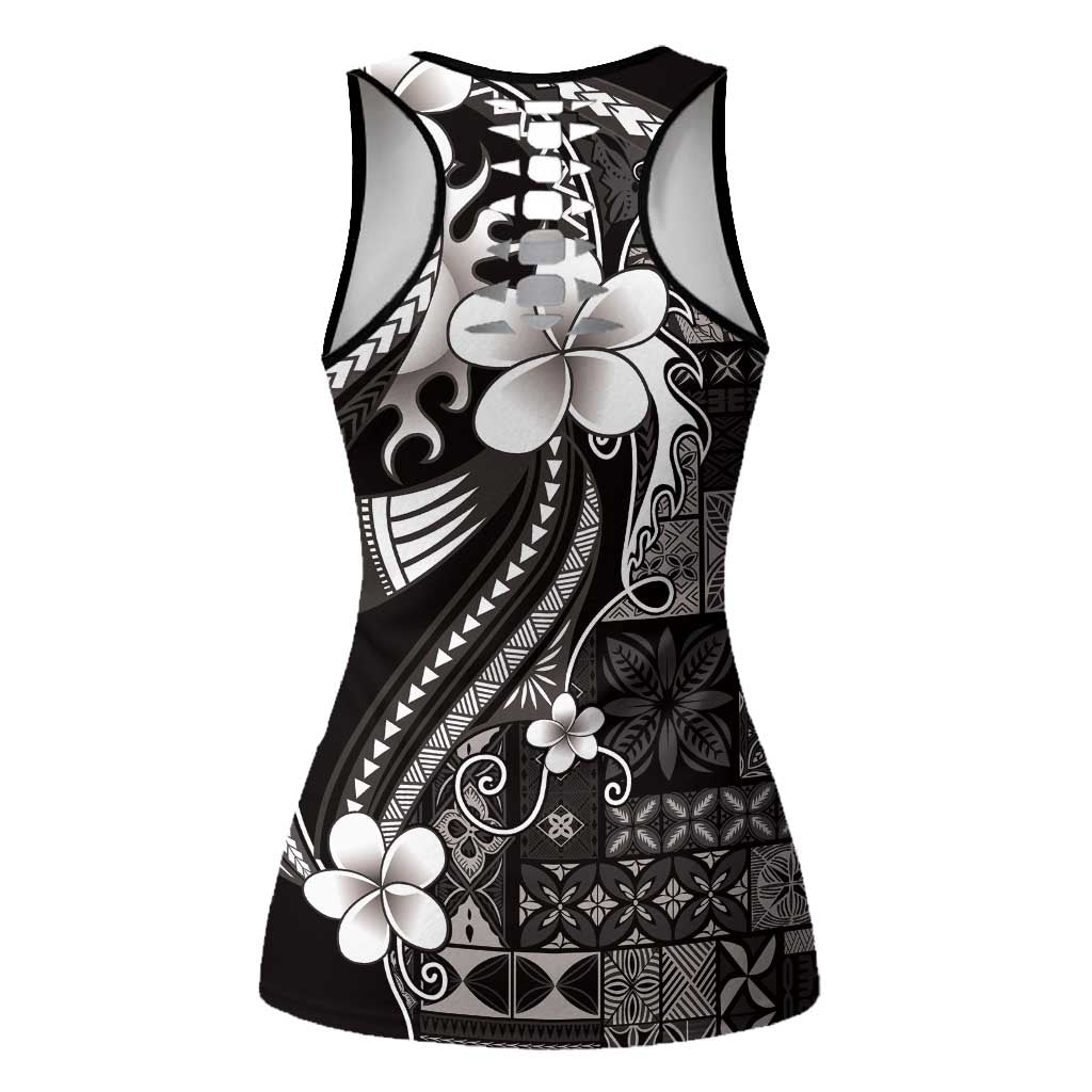 Samoa Siapo Tribal Pattern Hollow Tank Top Black Polynesian Plumeria Tapa Motif