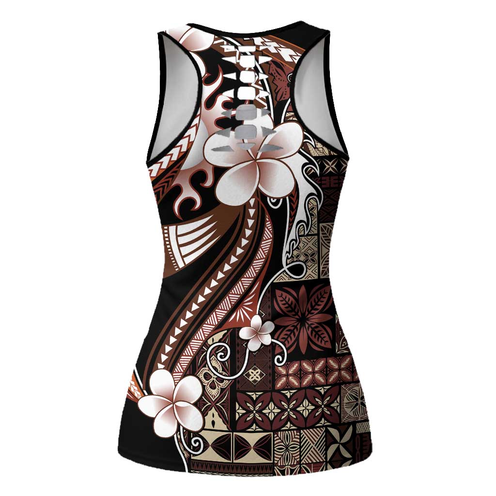 Samoa Siapo Tribal Pattern Hollow Tank Top Brown Polynesian Plumeria Tapa Motif