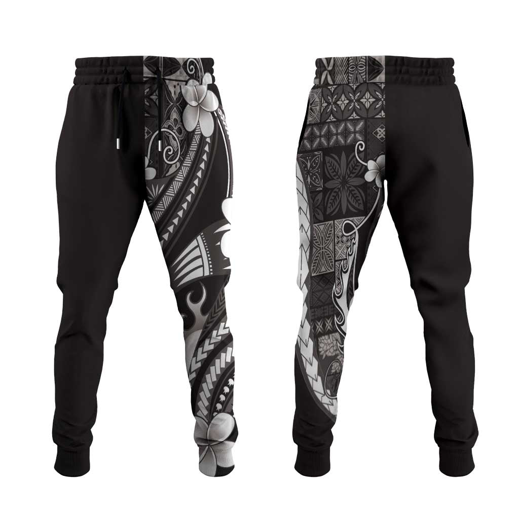 Samoa Siapo Tribal Pattern Jogger Pants Black Polynesian Plumeria Tapa Motif