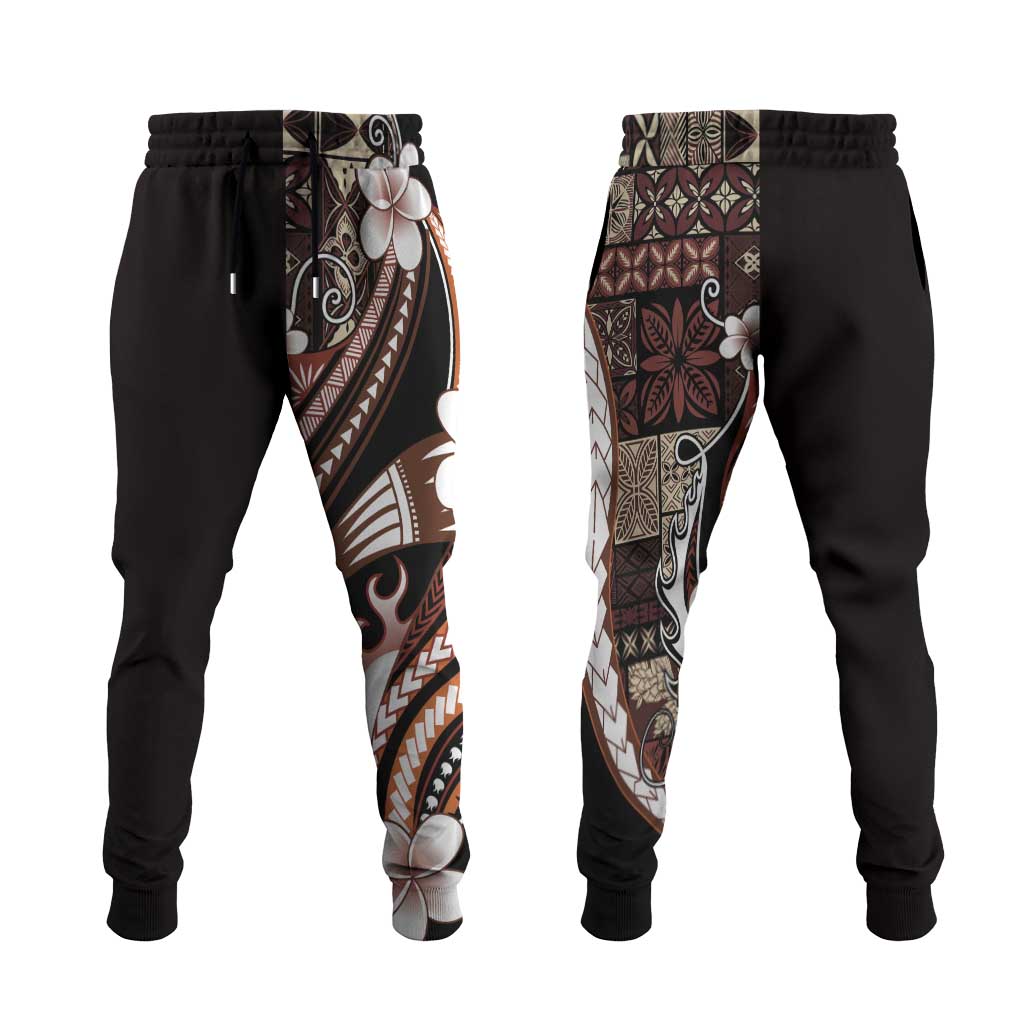 Samoa Siapo Tribal Pattern Jogger Pants Brown Polynesian Plumeria Tapa Motif