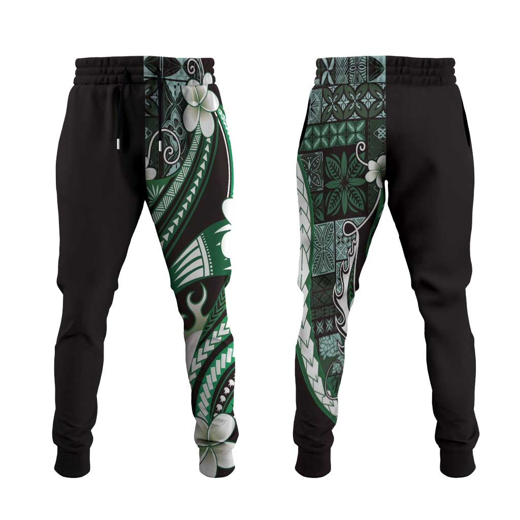 Samoa Siapo Tribal Pattern Jogger Pants Forest Green Polynesian Plumeria Tapa Motif