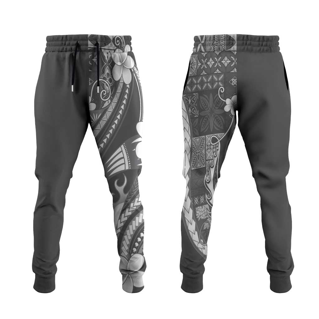 Samoa Siapo Tribal Pattern Jogger Pants Light Gray Polynesian Plumeria Tapa Motif