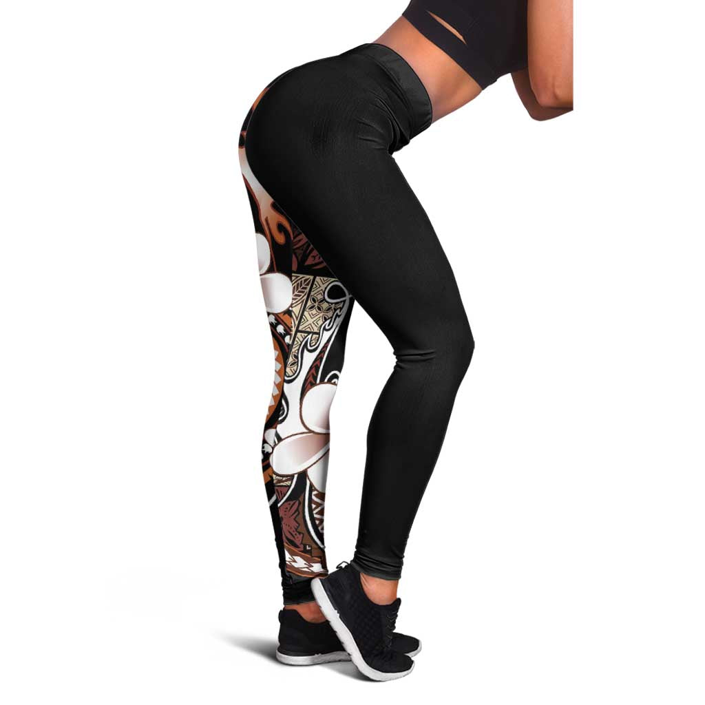 Samoa Siapo Tribal Pattern Leggings Brown Polynesian Plumeria Tapa Motif