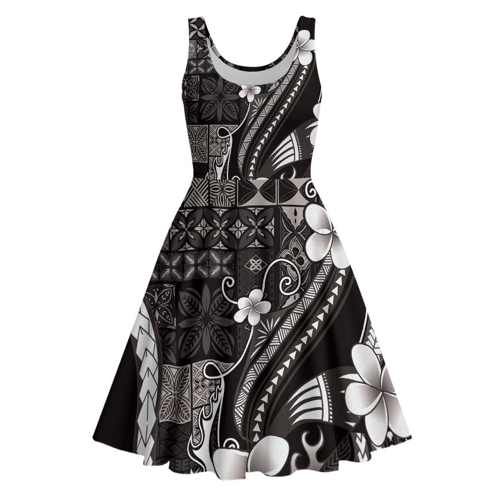 Samoa Siapo Tribal Pattern Midi Dress Black Polynesian Plumeria Tapa Motif