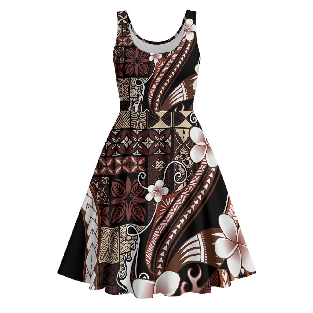 Samoa Siapo Tribal Pattern Midi Dress Brown Polynesian Plumeria Tapa Motif