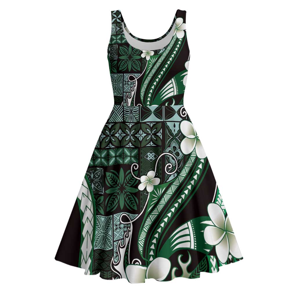 Samoa Siapo Tribal Pattern Midi Dress Forest Green Polynesian Plumeria Tapa Motif