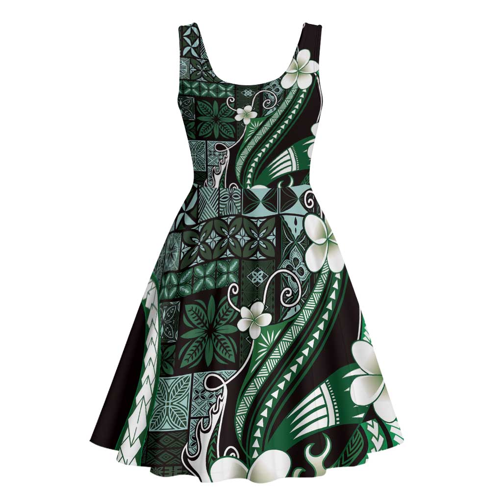Samoa Siapo Tribal Pattern Midi Dress Forest Green Polynesian Plumeria Tapa Motif