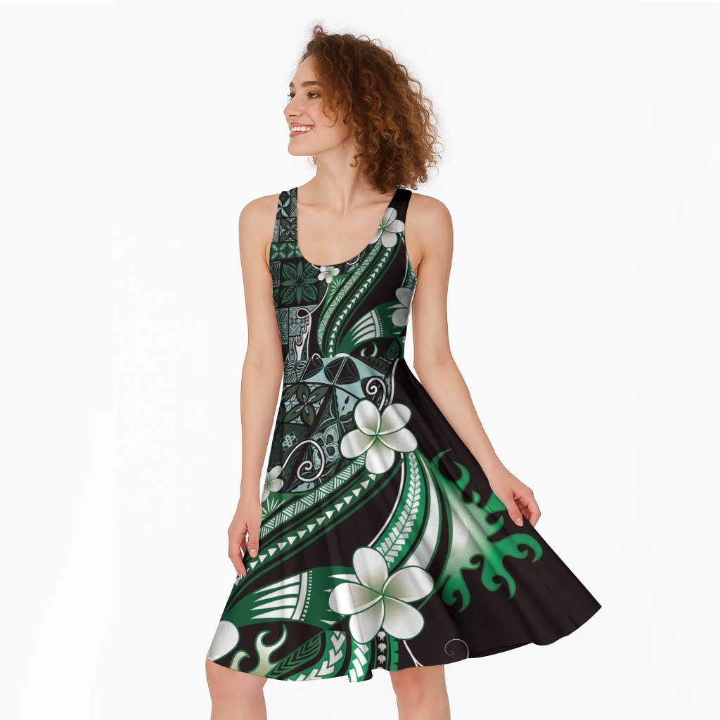 Samoa Siapo Tribal Pattern Midi Dress Forest Green Polynesian Plumeria Tapa Motif