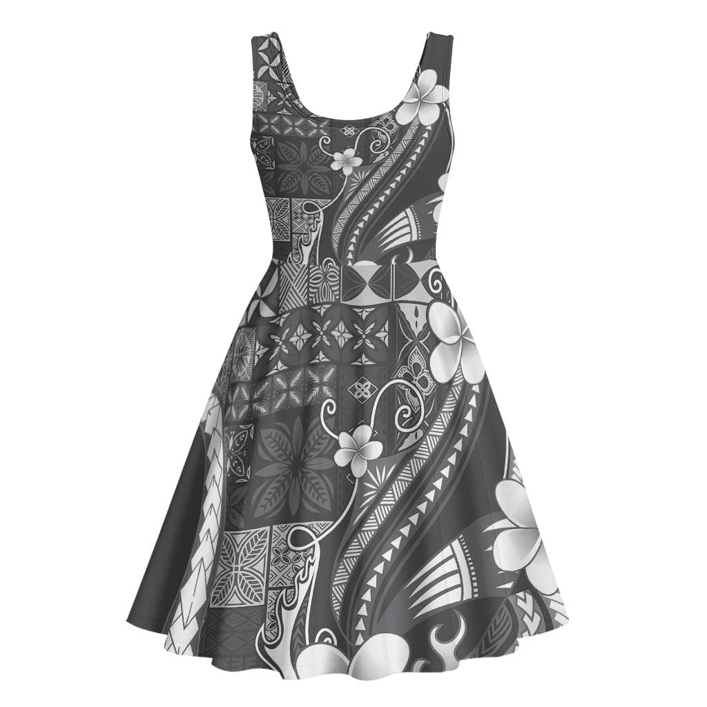 Samoa Siapo Tribal Pattern Midi Dress Light Gray Polynesian Plumeria Tapa Motif