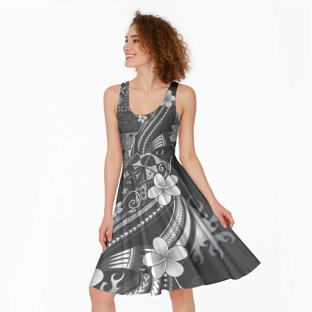 Samoa Siapo Tribal Pattern Midi Dress Light Gray Polynesian Plumeria Tapa Motif