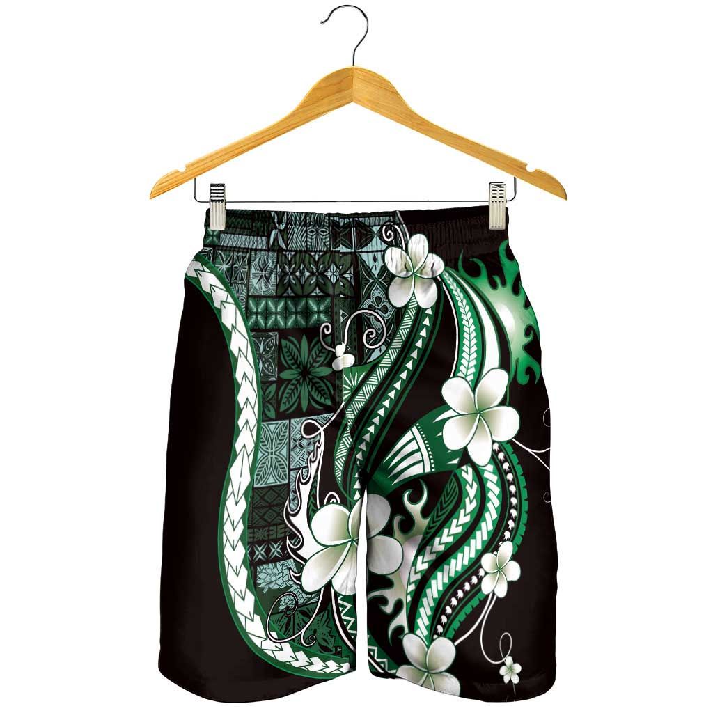 Samoa Siapo Tribal Pattern Shorts for Men Forest Green Polynesian Plumeria Tapa Motif