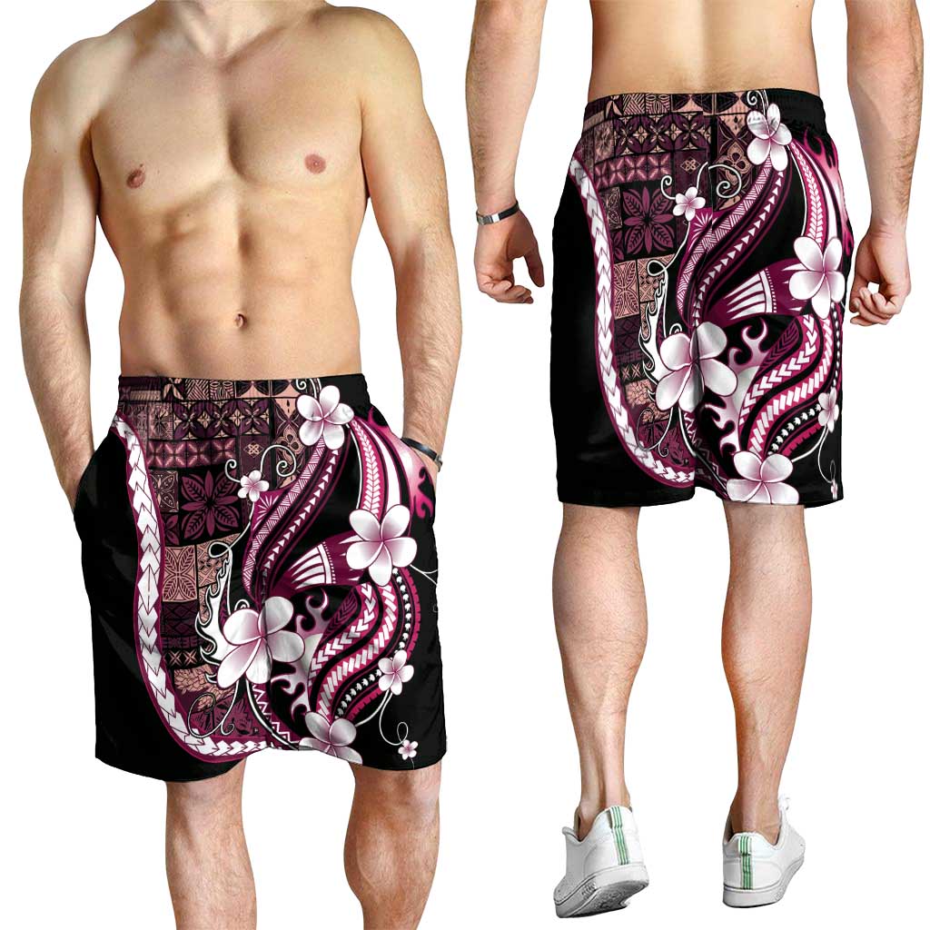 Samoa Siapo Tribal Pattern Shorts for Men Violet Polynesian Plumeria Tapa Motif