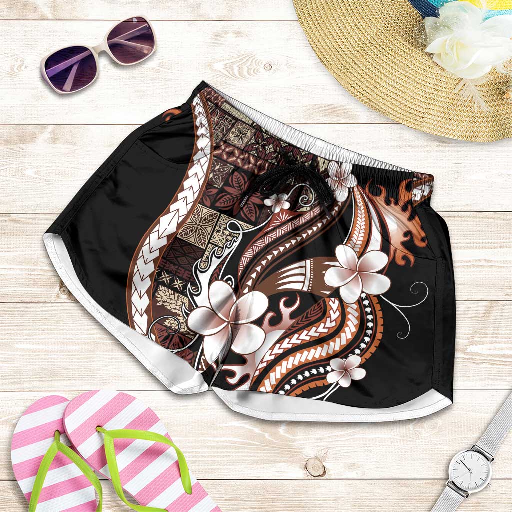 Samoa Siapo Tribal Pattern Shorts for Women Brown Polynesian Plumeria Tapa Motif