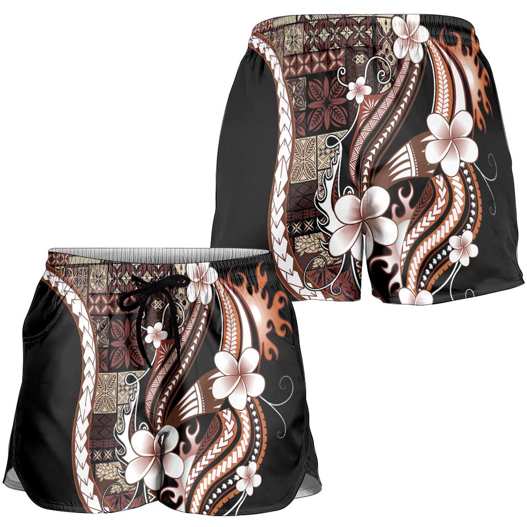 Samoa Siapo Tribal Pattern Shorts for Women Brown Polynesian Plumeria Tapa Motif