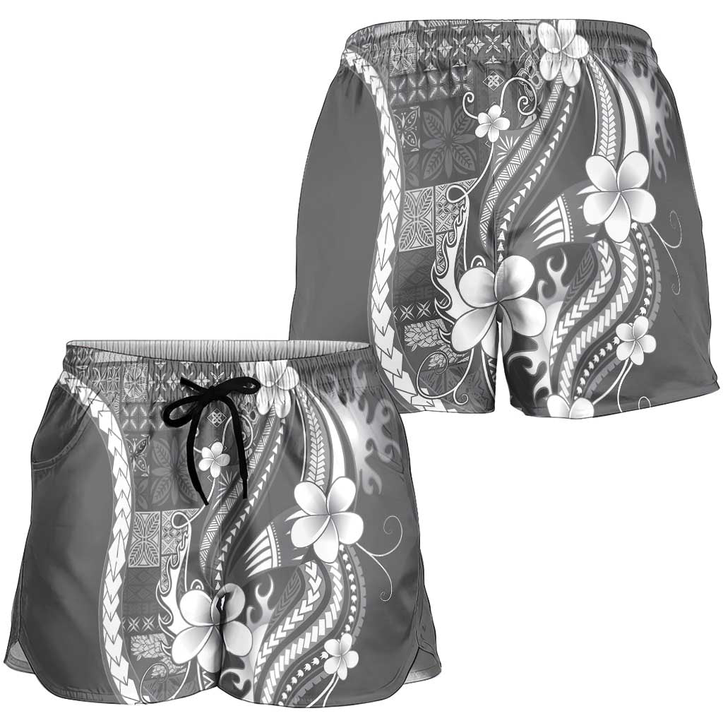 Samoa Siapo Tribal Pattern Shorts for Women Light Gray Polynesian Plumeria Tapa Motif