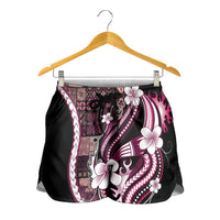 Samoa Siapo Tribal Pattern Shorts for Women Violet Polynesian Plumeria Tapa Motif
