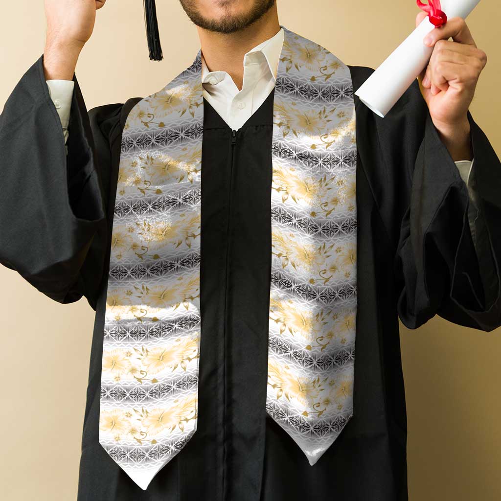 Samoa White Sunday Graduation Stole Samoan Tapa Yellow Hibiscus LT05 - Polynesian Pride