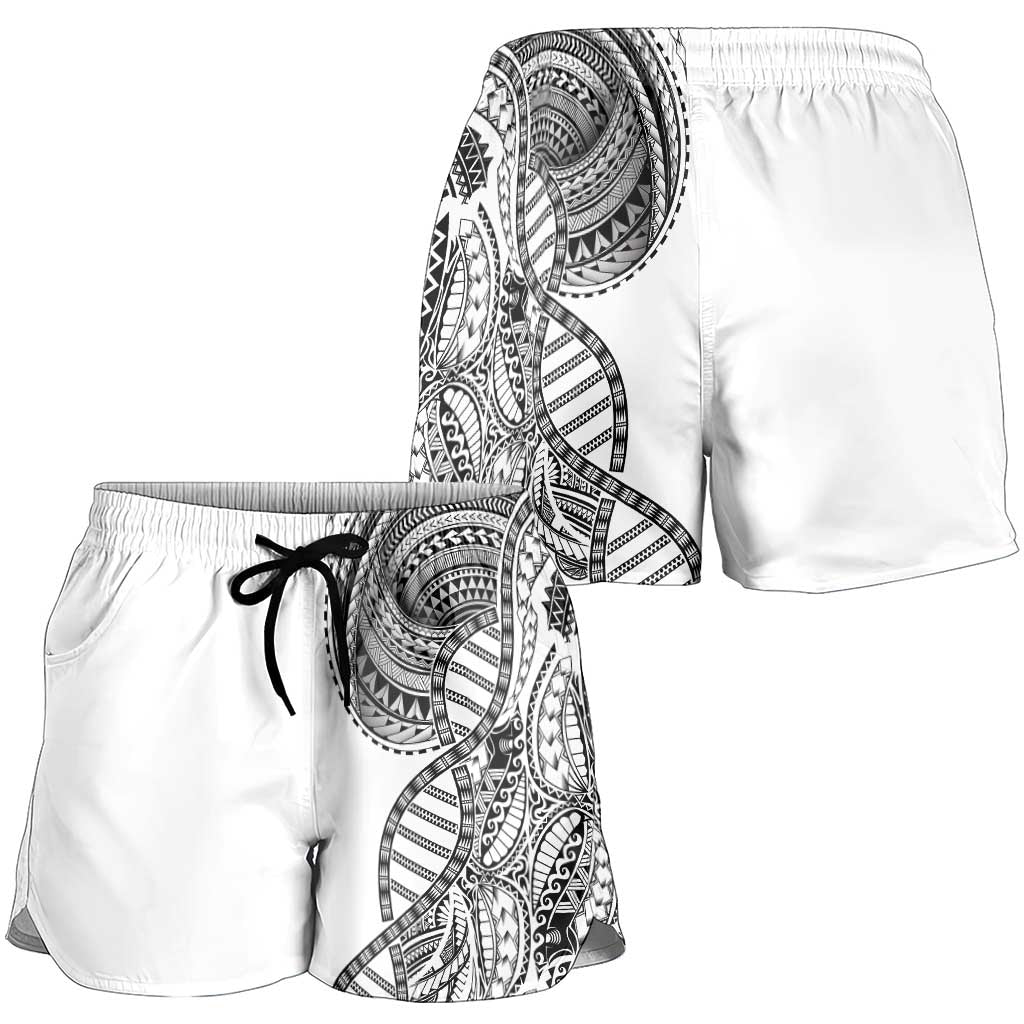 Samoan DNA Art Tattoo Shorts for Women Polynesian Pattern White Color