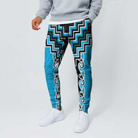 Sky Blue Niho Taniwha Mix Poutama Jogger Pants Unique Taniko Aotearoa - Polynesian Pride