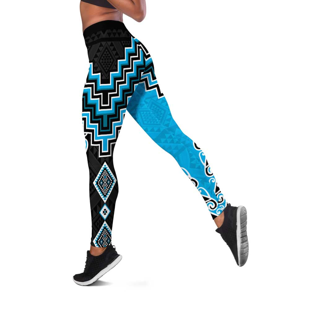 Sky Blue Niho Taniwha Mix Poutama Leggings Unique Taniko Aotearoa LT01 Sky Blue - Polynesian Pride