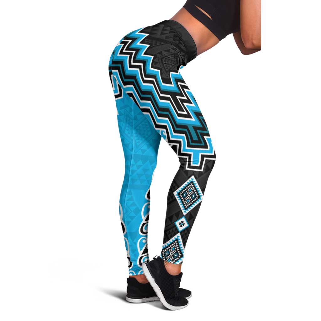 Sky Blue Niho Taniwha Mix Poutama Leggings Unique Taniko Aotearoa LT01 - Polynesian Pride