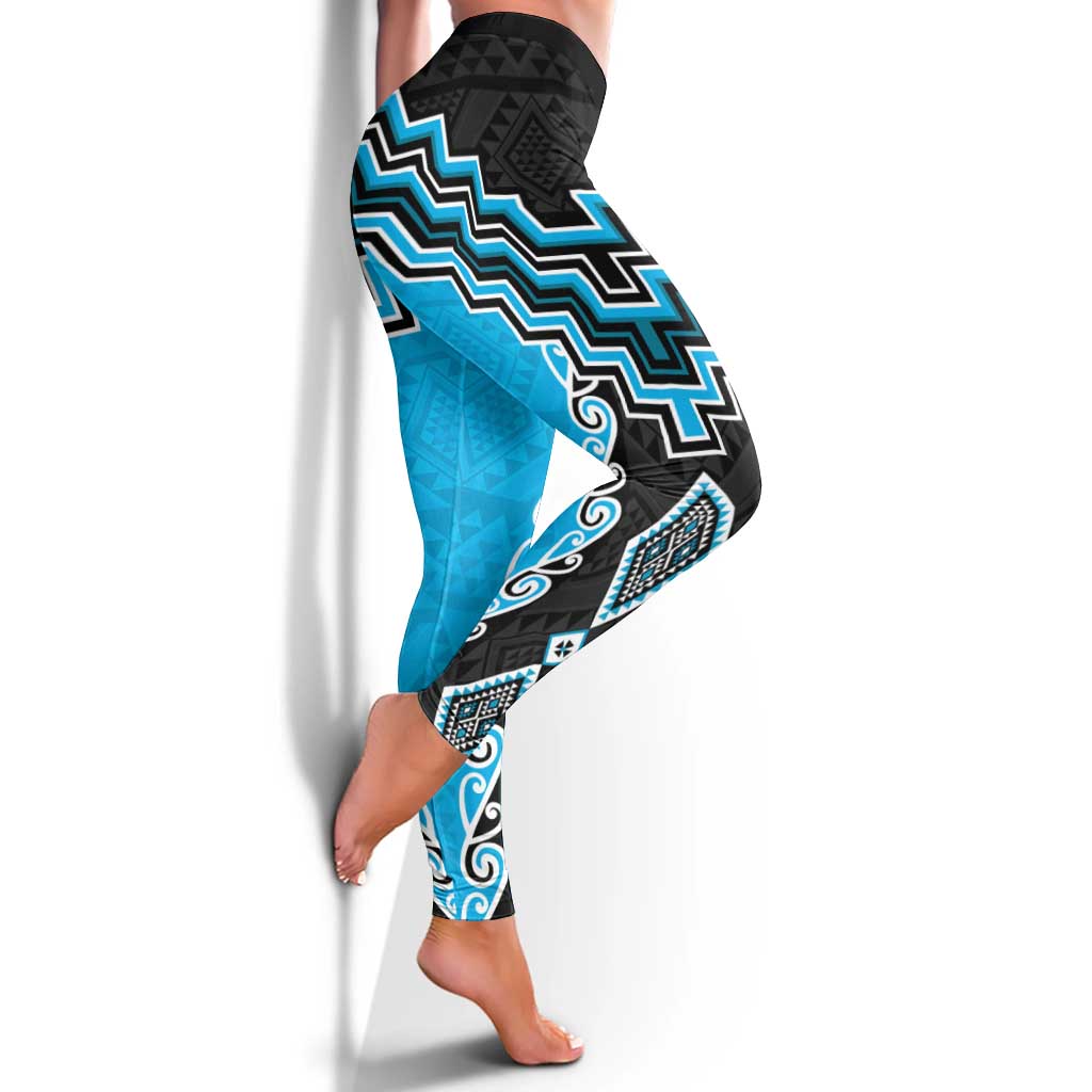 Sky Blue Niho Taniwha Mix Poutama Leggings Unique Taniko Aotearoa LT01 - Polynesian Pride